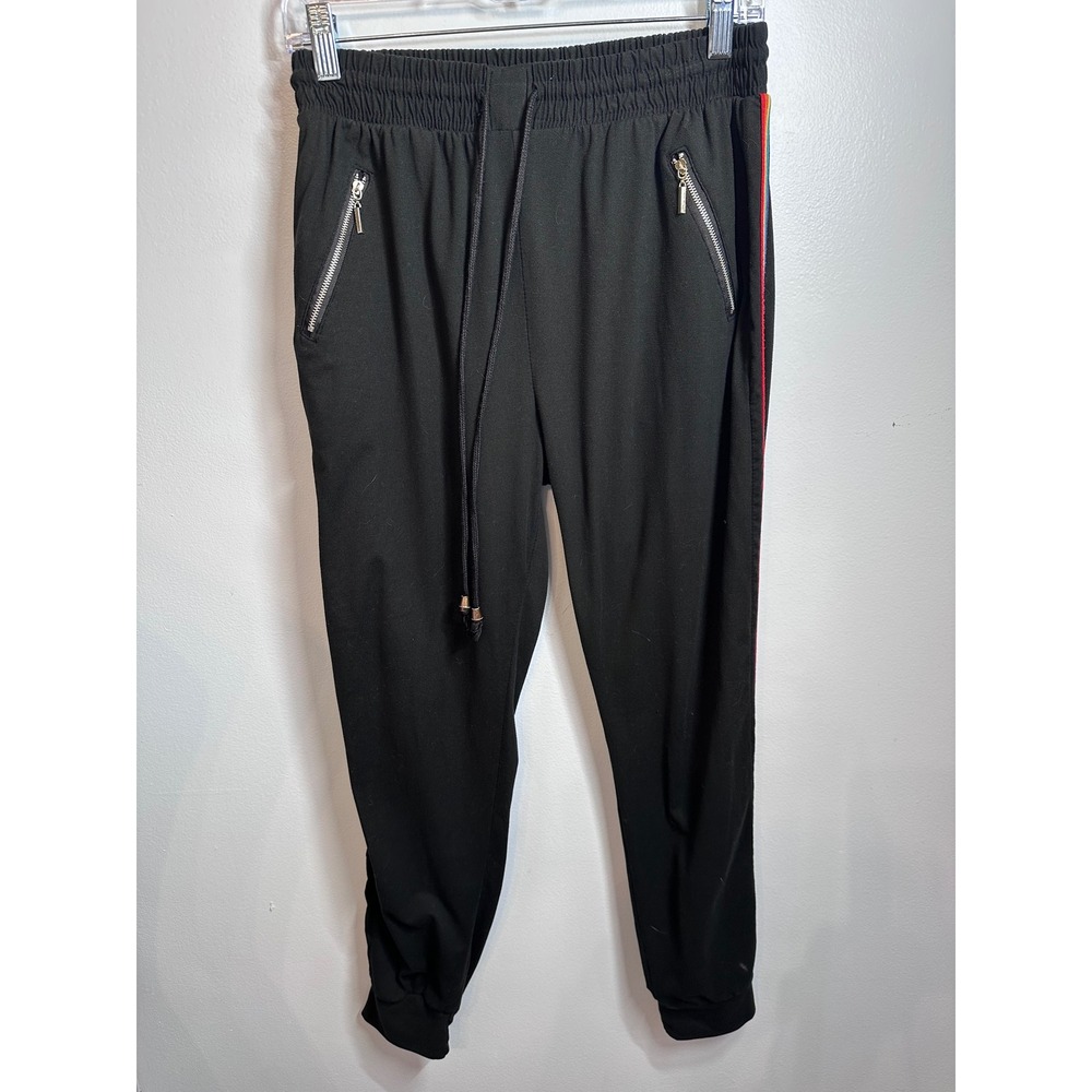 Indero Women Black Rainbow Side Stripe Jogger Pants S/M Zip Pockets Sporty Pride